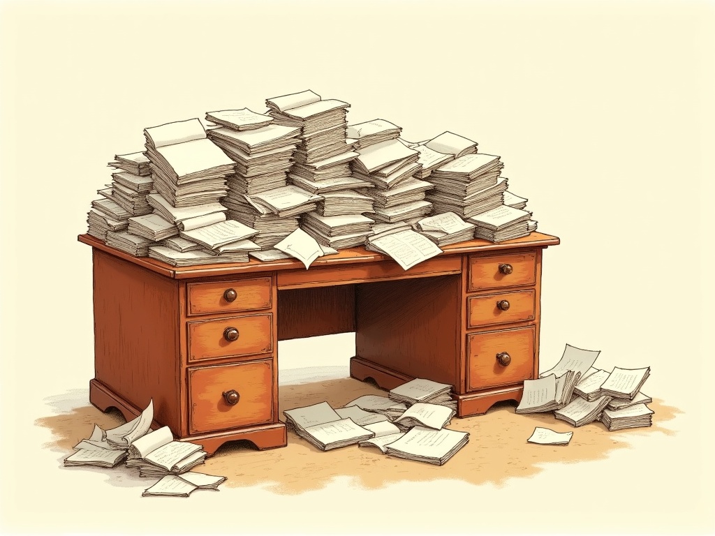 A wooden desk with a tall pile of papers on top, with older crumpled papers falling off the edges onto the floor