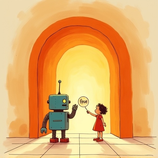 Doorway to Room 1: a kid and a friendly robot playing a word-guessing game.
