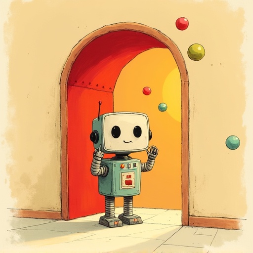 Doorway to Room 2: a puzzled robot surrounded by floating colored orbs.