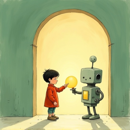 Doorway to Room 3: a kid and the robot exchanging a glowing question.