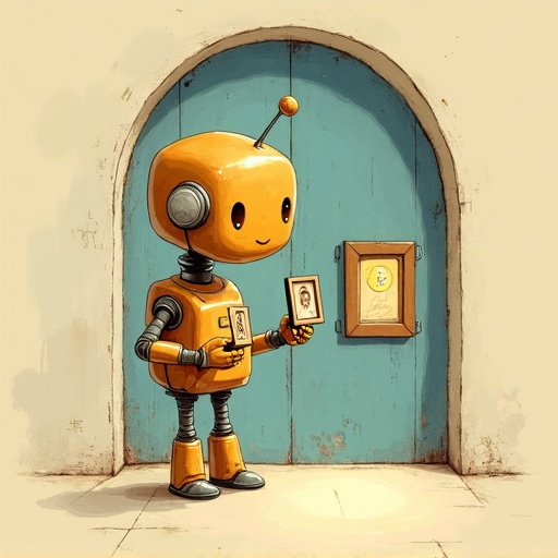Doorway to Room 4: the robot holding two small portraits side by side, comparing them.