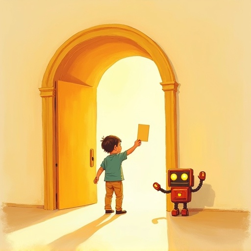 Doorway to Room 5: a kid stepping through a glowing gold doorway, robot waving.