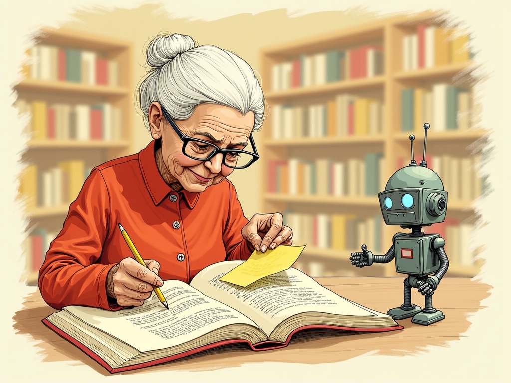 An elderly librarian in glasses copying words from an open book onto a yellow sticky note while a small retro robot waits with hand outstretched