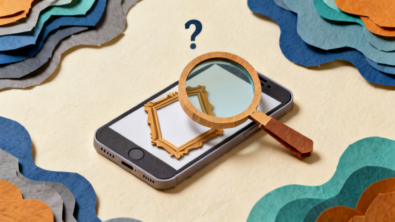 A person at a desk holding a magnifying glass over a phone, examining a video-call portrait