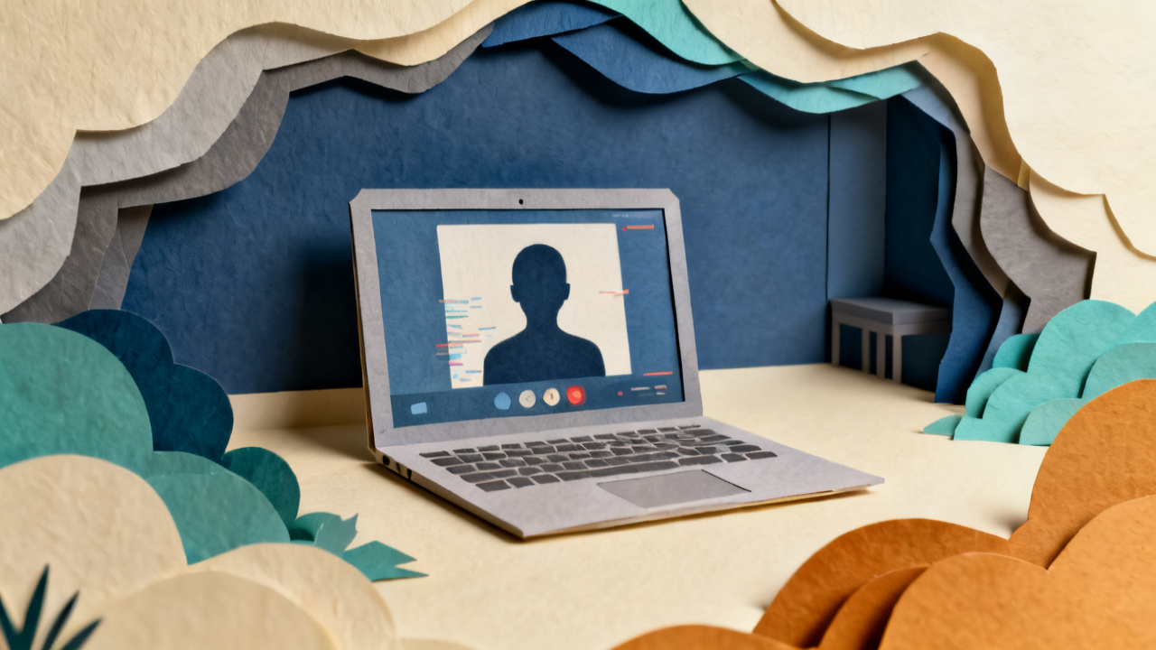 A laptop on a desk shows a single executive in a video conference window; the surrounding room is empty, suggesting the meeting isn't real