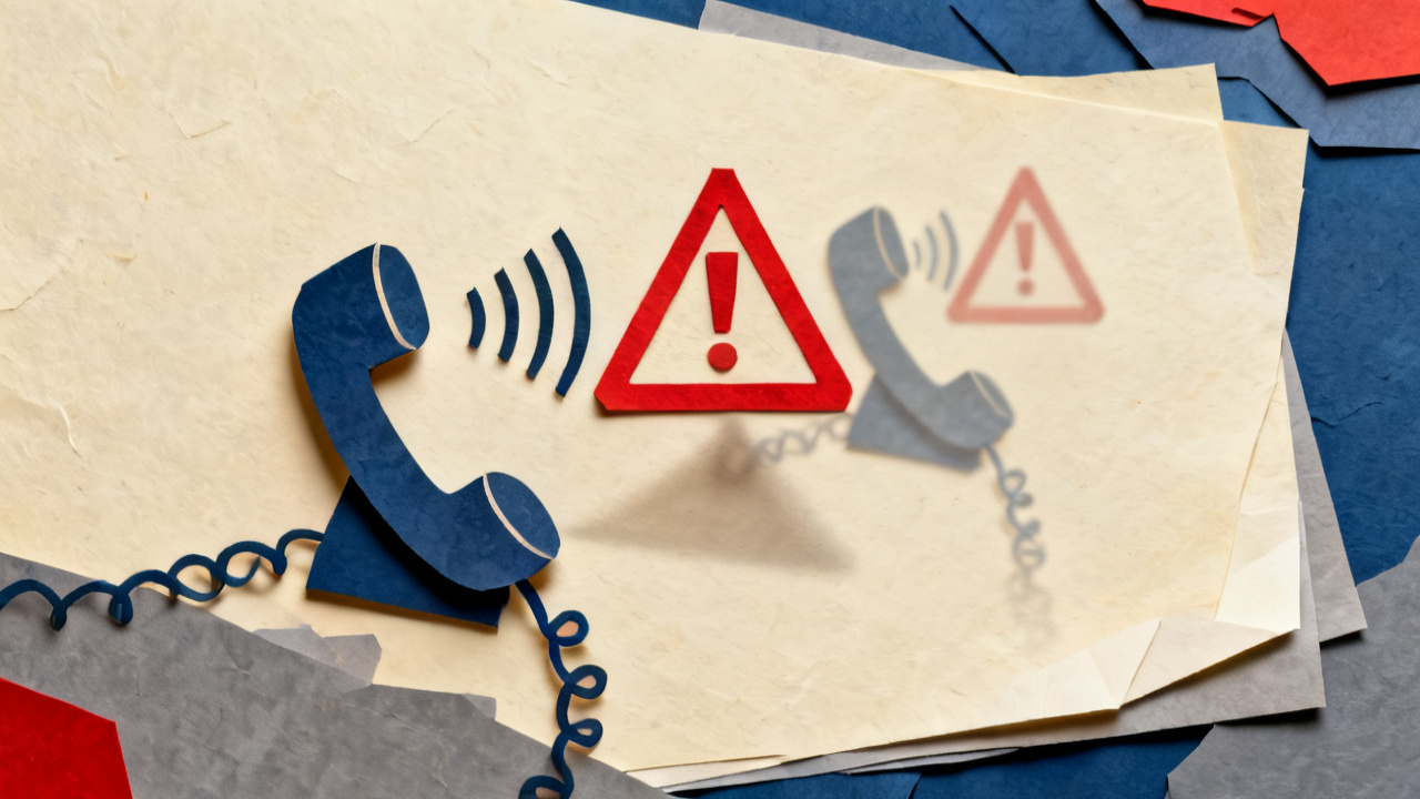 A worried person holds a red telephone receiver to their ear; a ghosted figure with a microphone stands behind, suggesting impersonation