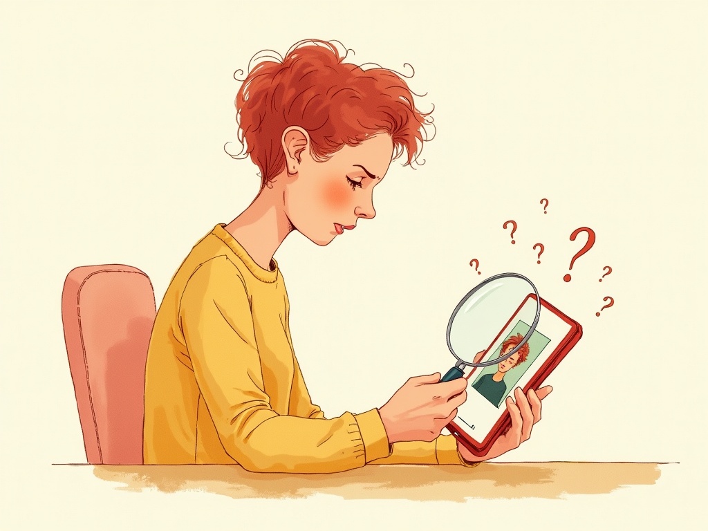 A person at a desk holding a magnifying glass over a phone, examining a video-call portrait