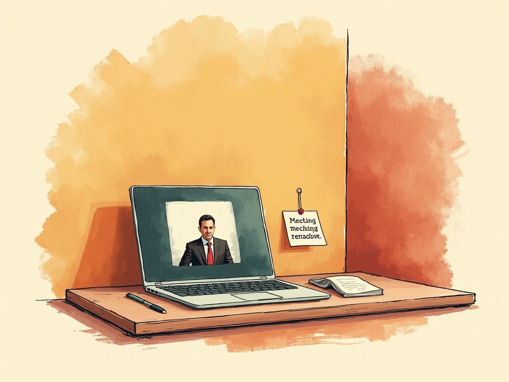 A laptop on a desk shows a single executive in a video conference window; the surrounding room is empty, suggesting the meeting isn't real