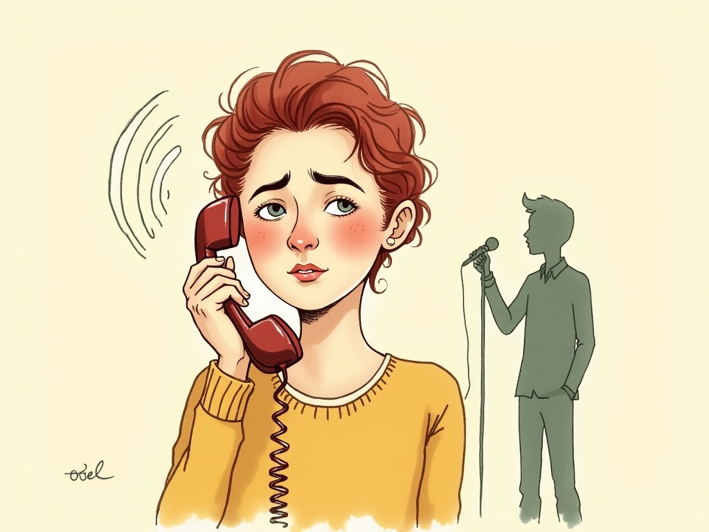 A worried person holds a red telephone receiver to their ear; a ghosted figure with a microphone stands behind, suggesting impersonation
