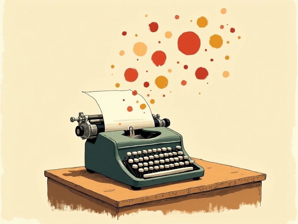 A vintage typewriter on a desk, soft rounded blob shapes in warm reds and oranges floating up out of the page