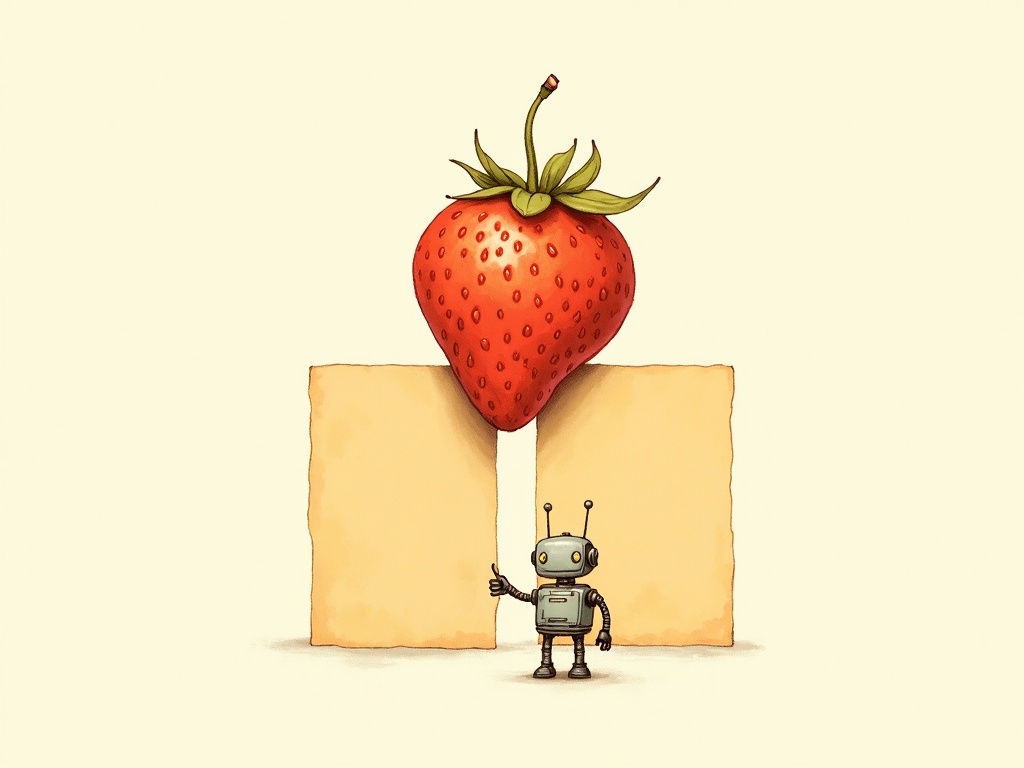 A large strawberry over two cream-colored card shapes labeled like word-chunks, with a small friendly retro robot pointing at them confidently