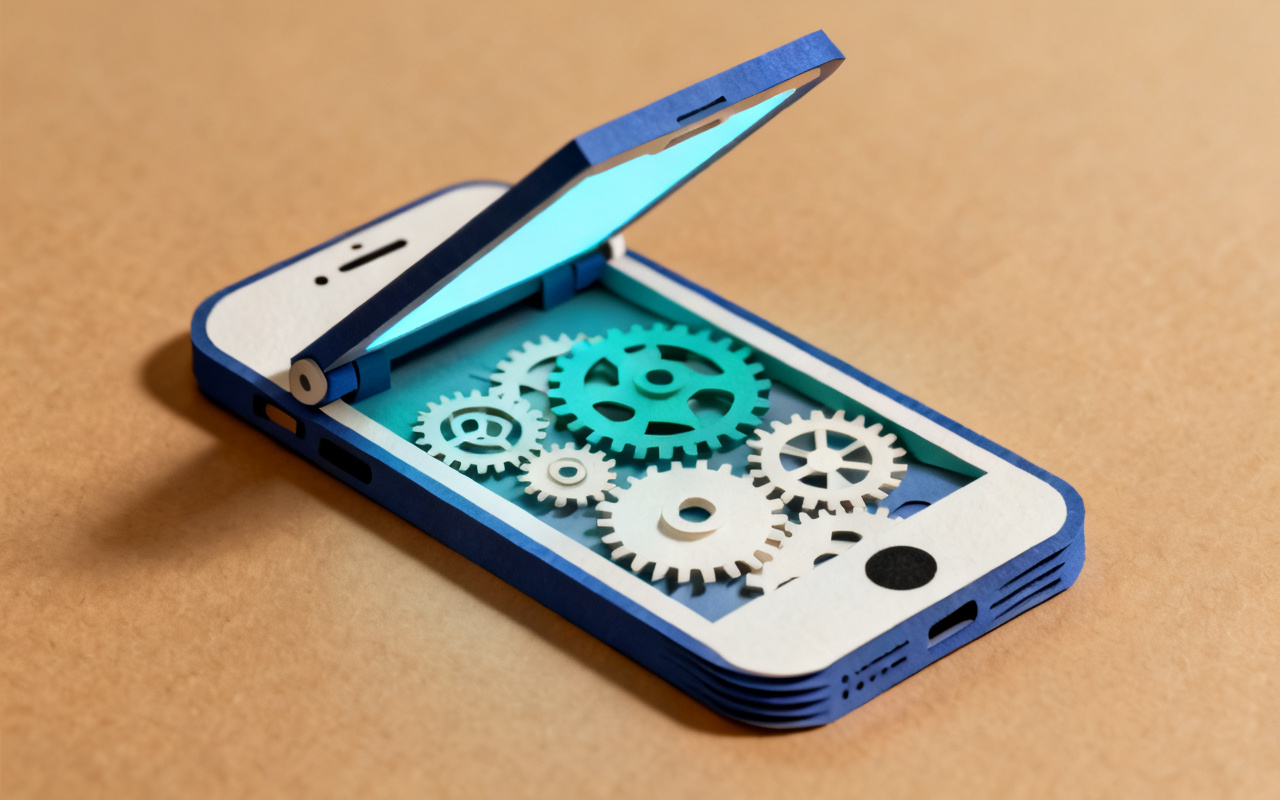 Papercut illustration: a phone with its screen lifted open to reveal gears working inside
