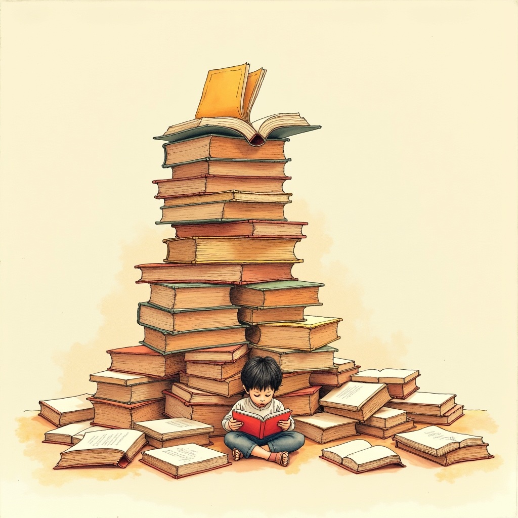 A child sitting at the base of a towering stack of books, reading