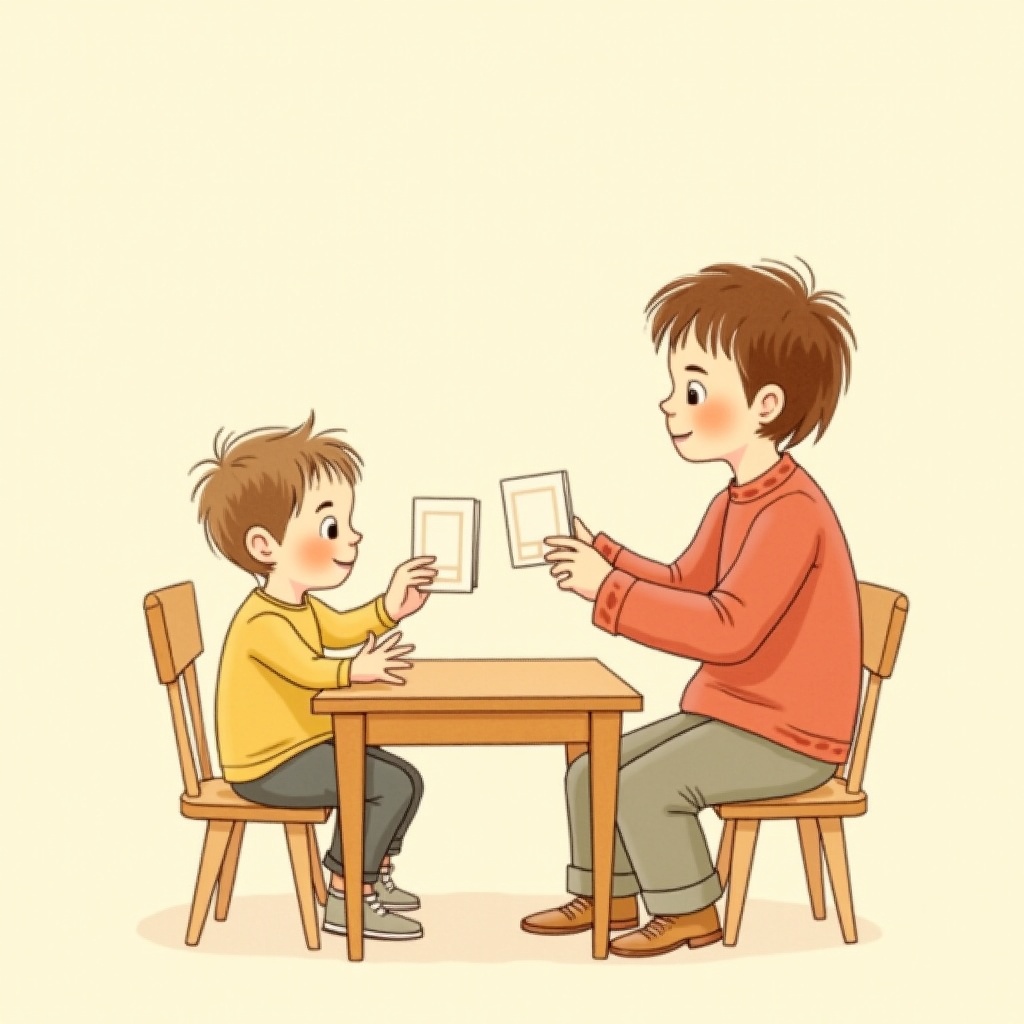 A child seated at a small table while a teacher holds up two flashcards
