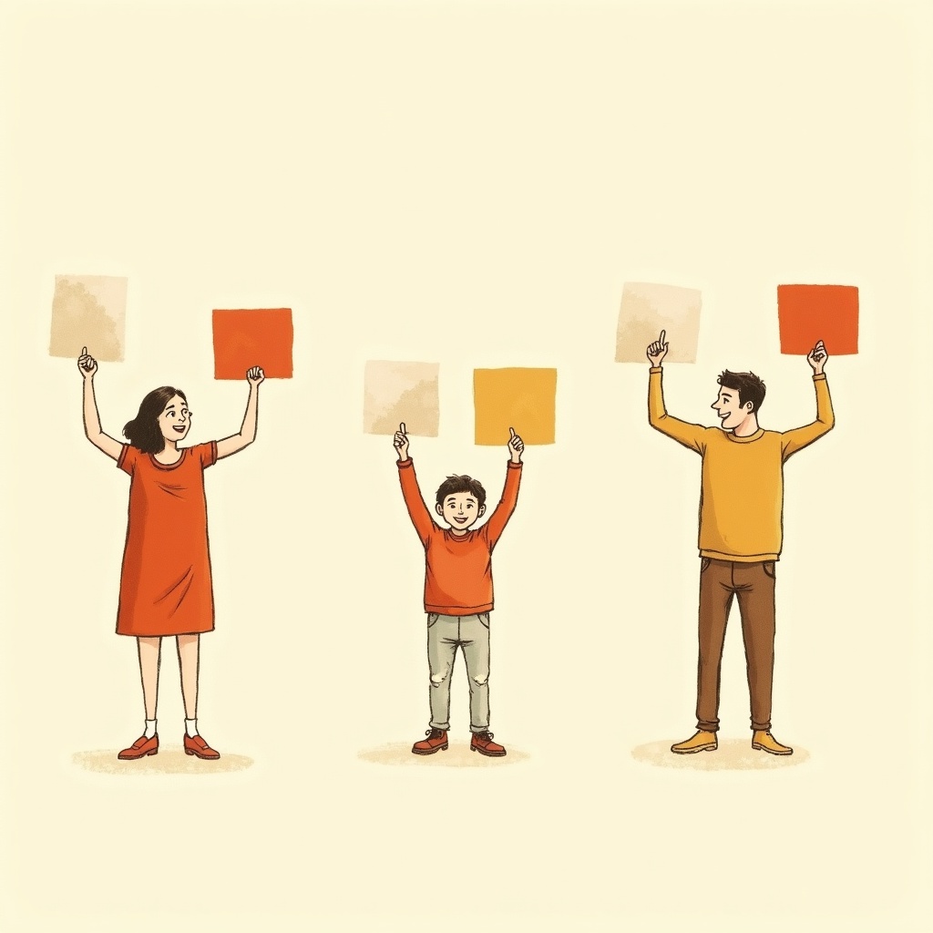 Three figures holding up scoring cards above their heads in a row